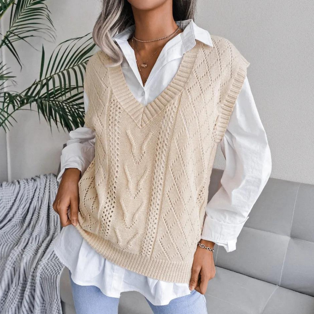 Gilet Femme En Tricot Col V Avec Torsades Doux Et Confortable Pour Automne Hiver