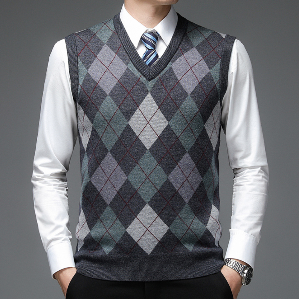 Amawinc Gilet Tricoté Homme Motif Argyle Col V Coupe Ajustée Polyvalent Pour Décontracté Et Habillé