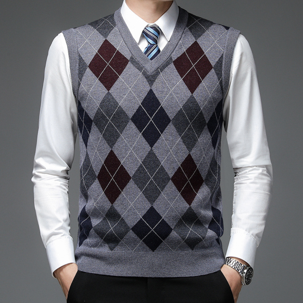 Amawinc Gilet Tricoté Homme Motif Argyle Col V Coupe Ajustée Polyvalent Pour Décontracté Et Habillé