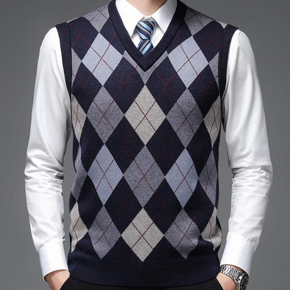 Amawinc Gilet Tricoté Homme Motif Argyle Col V Coupe Ajustée Polyvalent Pour Décontracté Et Habillé