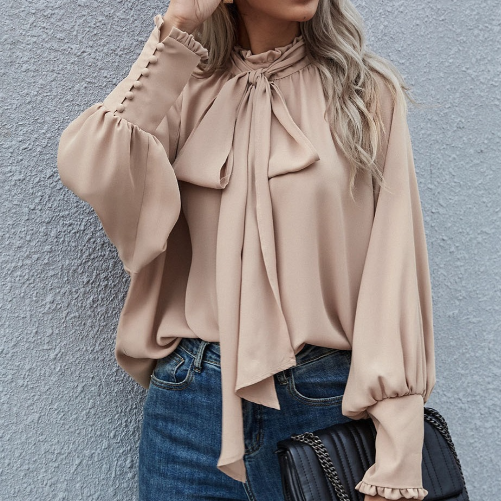 Blouse Femme Satinée À Col Lavalliere Et Manches Longues Coupe Ample Élégante Pour Toutes Occasions