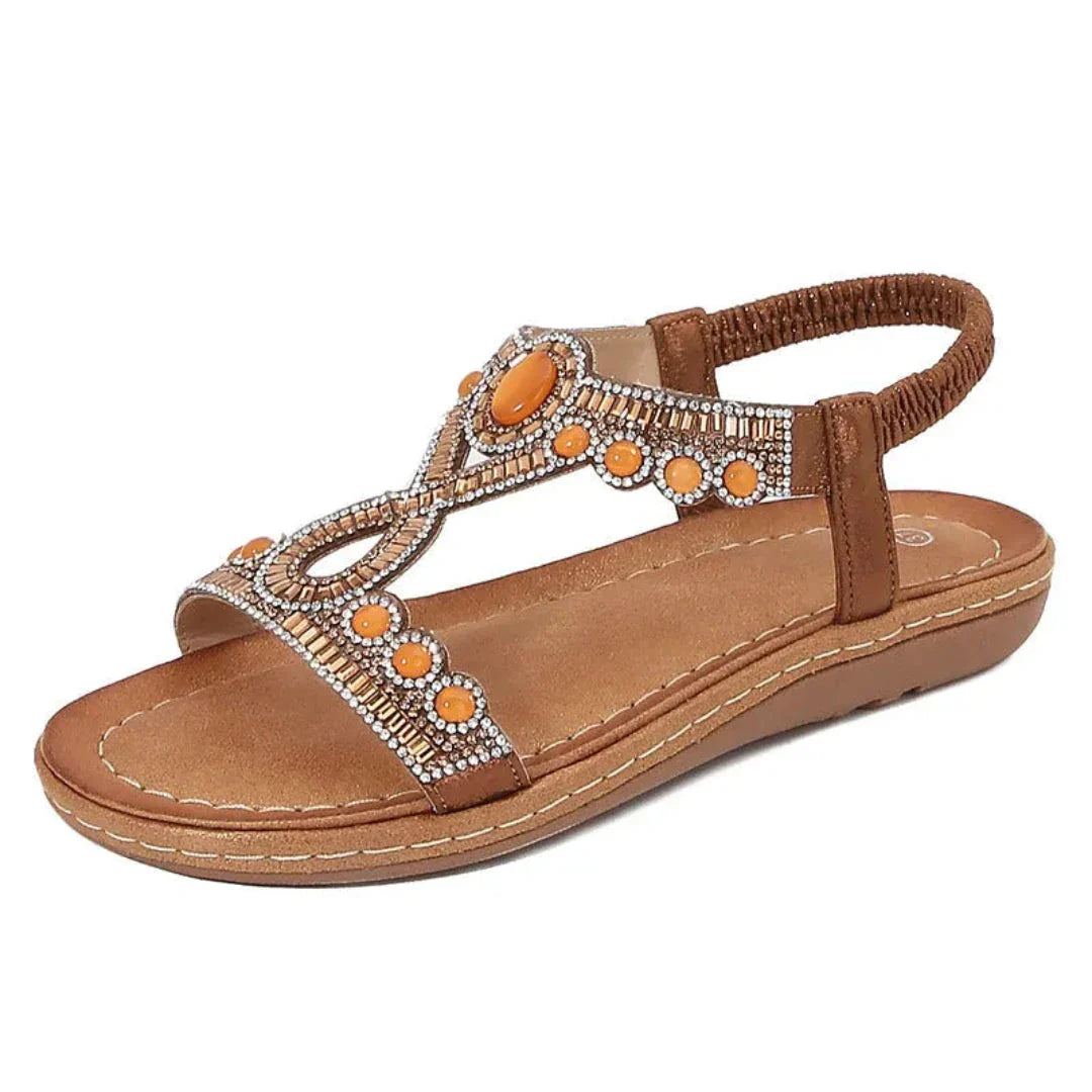 Sandales Plates À Bride Élastique Ornementées De Perles Et Strass Ariana Semelle Rembourrée Confort