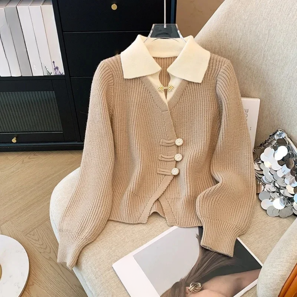 Cardigan Femme En Maille Fine À Encolure V Coupe Décontractée Manches Bouffantes Longues Avec Ourlet Avant Asymétrique