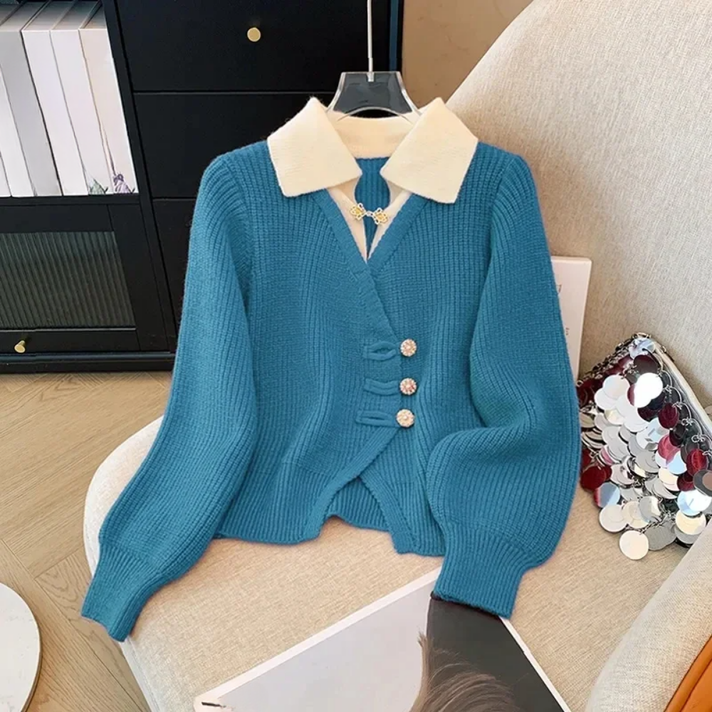 Cardigan Femme En Maille Fine À Encolure V Coupe Décontractée Manches Bouffantes Longues Avec Ourlet Avant Asymétrique