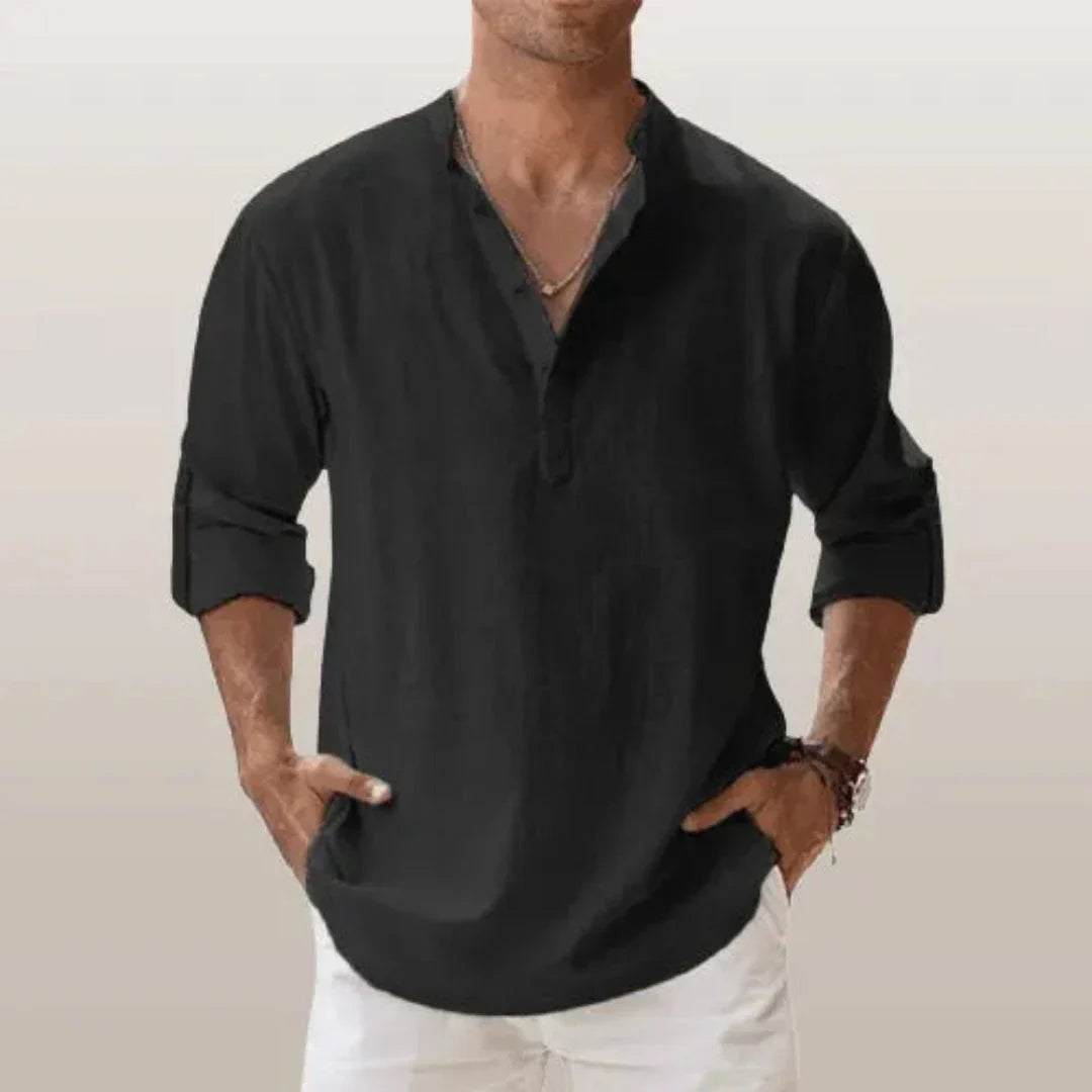 Chemise Henley En Lin À Manches Roulées Pour Hommes Waylynn Cairo Mélange Lin Coton Respirant À Boutons