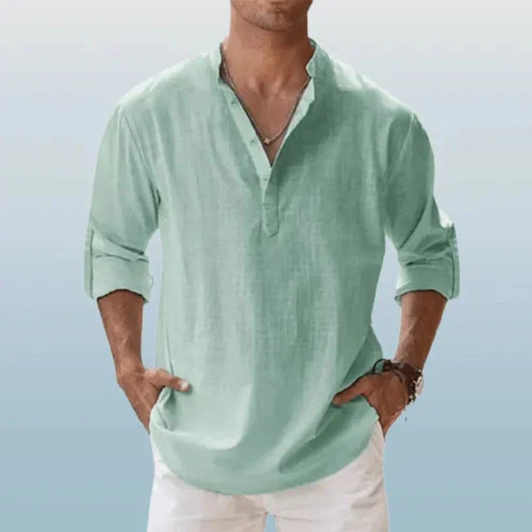Chemise Henley En Lin À Manches Roulées Pour Hommes Waylynn Cairo Mélange Lin Coton Respirant À Boutons