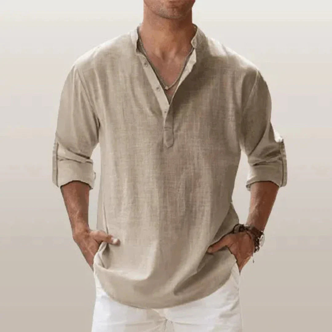 Chemise Henley En Lin À Manches Roulées Pour Hommes Waylynn Cairo Mélange Lin Coton Respirant À Boutons