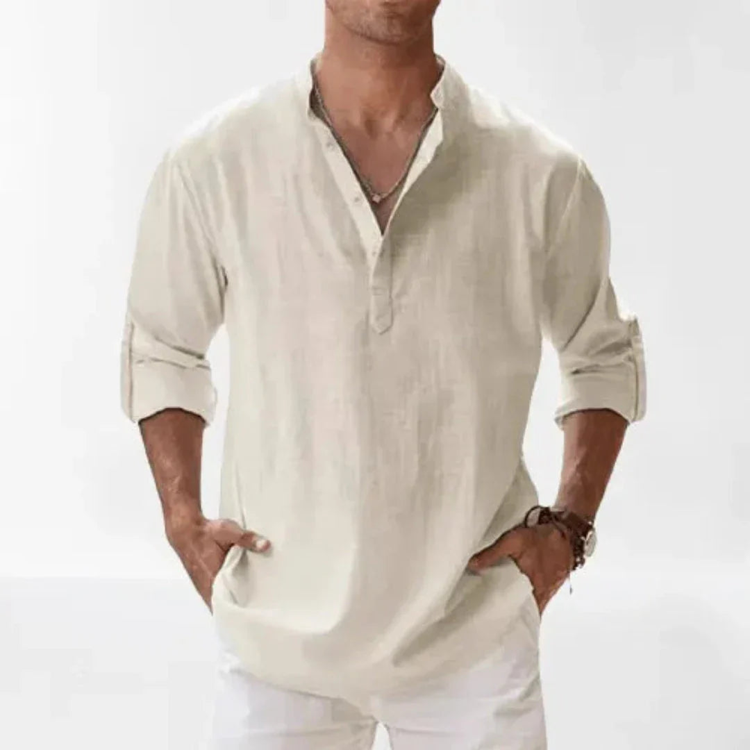 Chemise Henley En Lin À Manches Roulées Pour Hommes Waylynn Cairo Mélange Lin Coton Respirant À Boutons