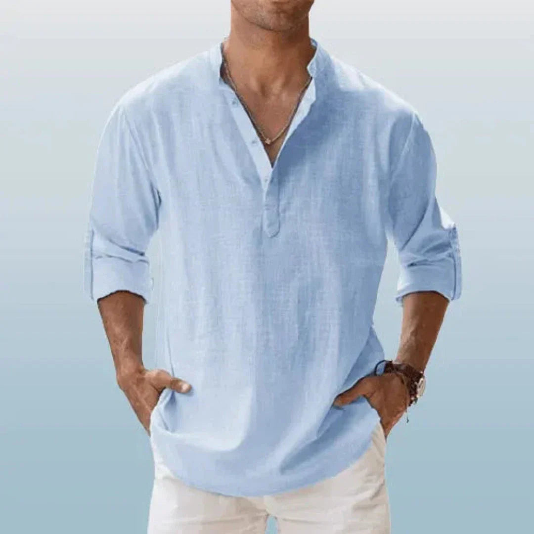 Chemise Henley En Lin À Manches Roulées Pour Hommes Waylynn Cairo Mélange Lin Coton Respirant À Boutons