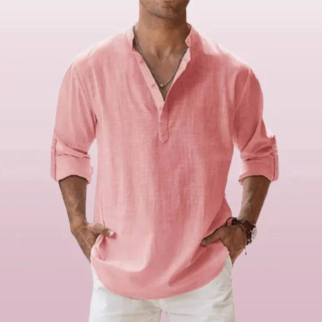 Chemise Henley En Lin À Manches Roulées Pour Hommes Waylynn Cairo Mélange Lin Coton Respirant À Boutons