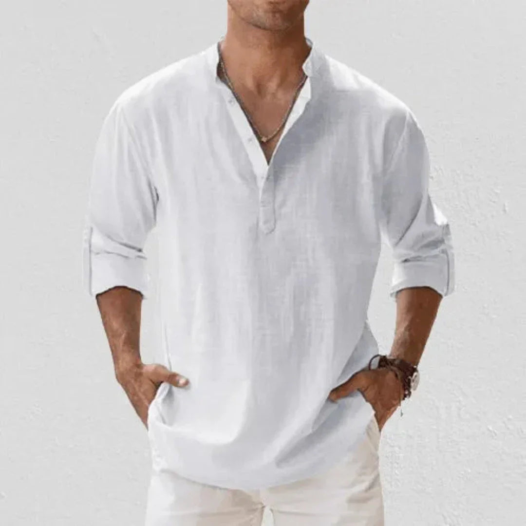 Chemise Henley En Lin À Manches Roulées Pour Hommes Waylynn Cairo Mélange Lin Coton Respirant À Boutons