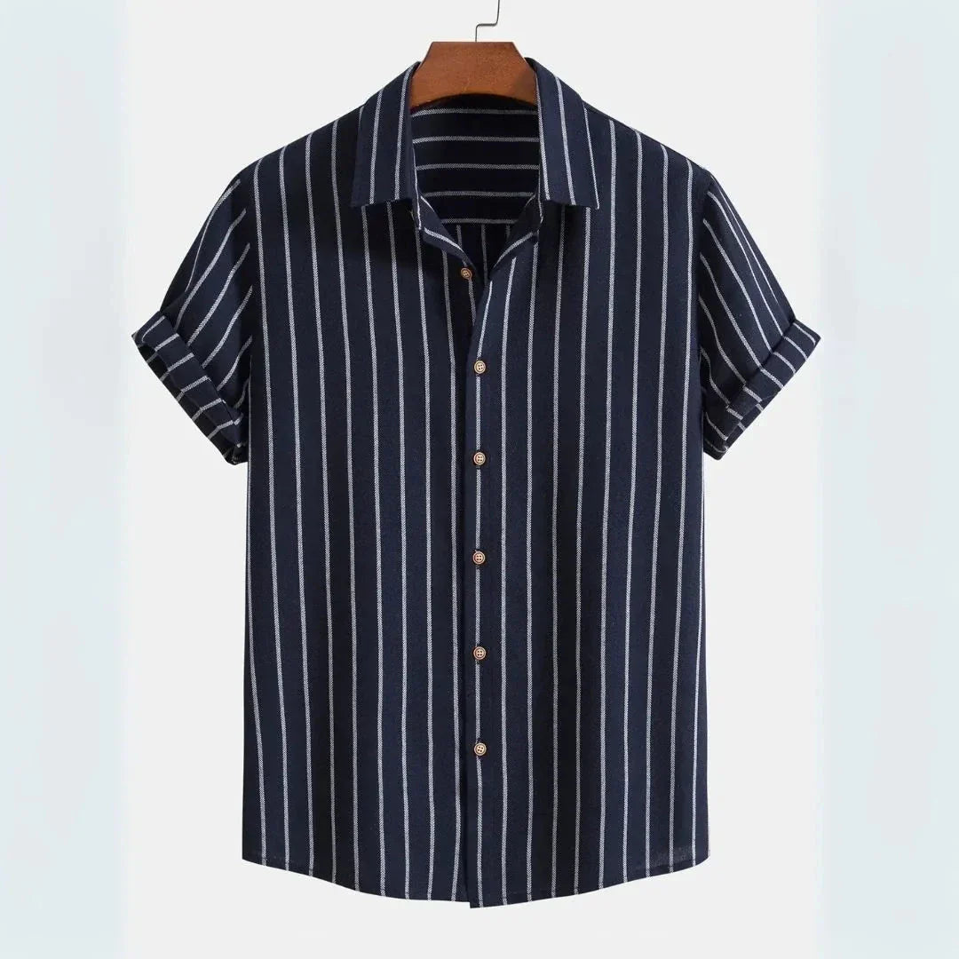 Waylynn Callum Chemise à Rayures Verticales en Lin Mélangé Manches Courtes Boutonnée Respirante Style Décontracté et Formelle