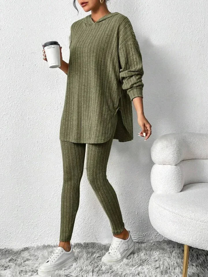 Kensley Ensemble Lounge Côtelé Avec Leggings Taille Haute Ajustés Et Hoodie Capuche Oversize Avec Fentes Latérales
