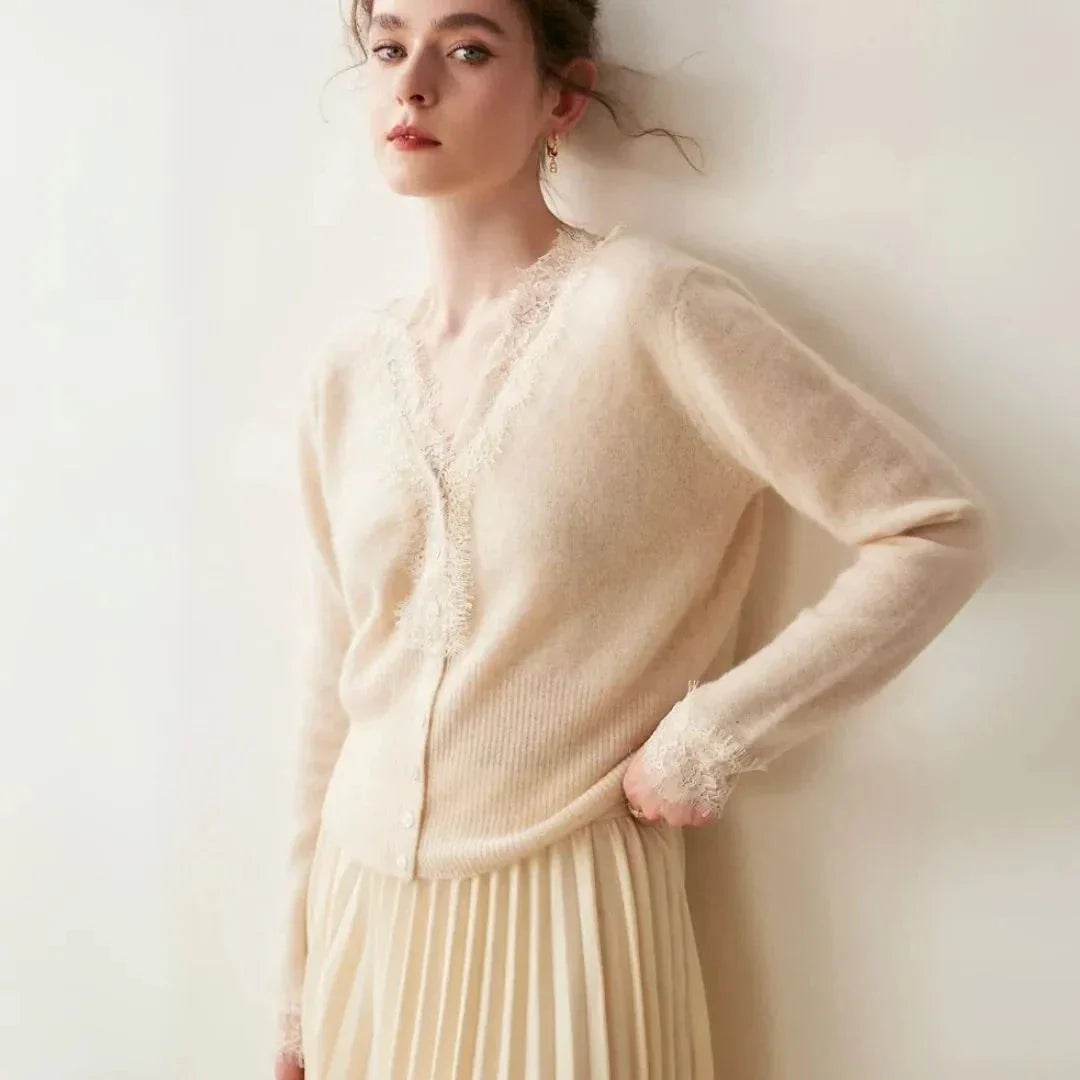 Cardigan En Cachemire Avec Bordure Dentelle Et Décolleté En V Boutonné De Qualité Supérieure