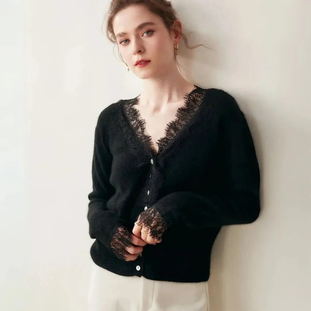 Cardigan En Cachemire Avec Bordure Dentelle Et Décolleté En V Boutonné De Qualité Supérieure
