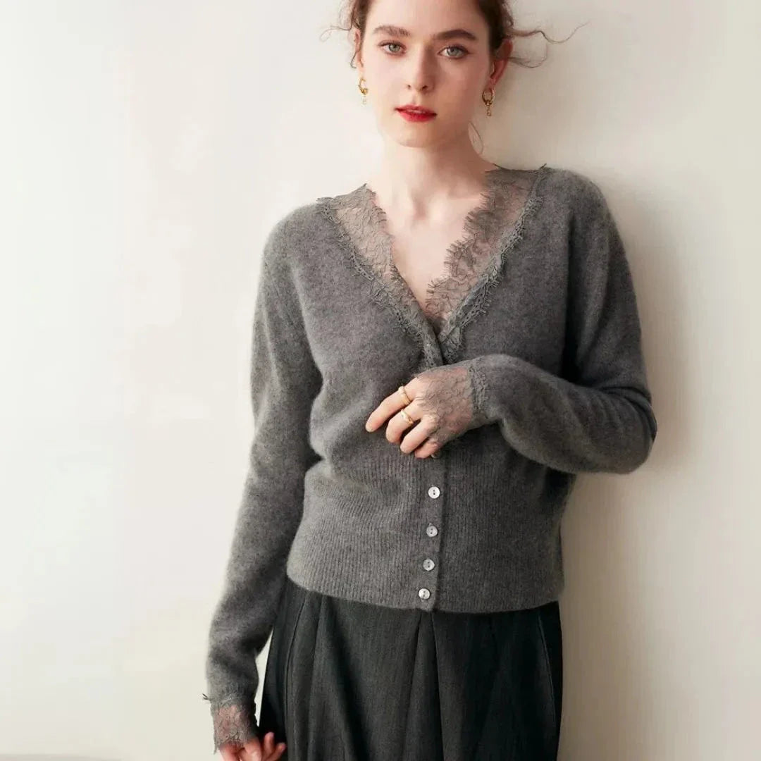 Cardigan En Cachemire Avec Bordure Dentelle Et Décolleté En V Boutonné De Qualité Supérieure