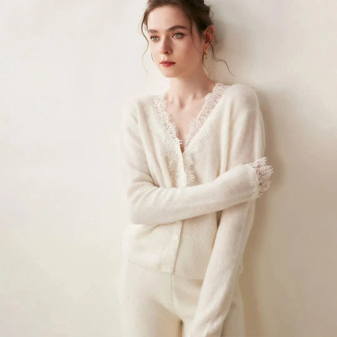 Cardigan En Cachemire Avec Bordure Dentelle Et Décolleté En V Boutonné De Qualité Supérieure