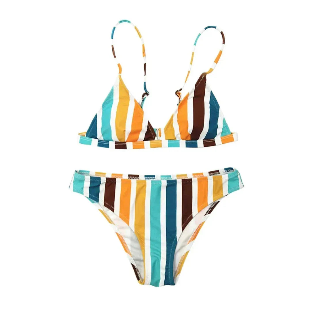 Ensemble Bikini Triangle Capri À Rayures Multicolores Avec Bretelles Réglables Et Taille Basse