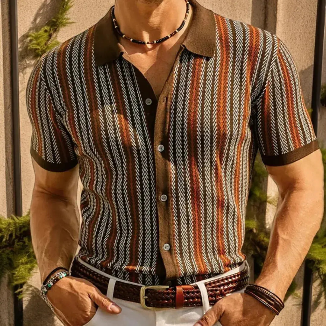 Polo Boutonné Carlo Mancini Coupe Slim Respirant En Coton Biologique À Motif Chevrons Pour Bureau Et Sorties Nocturnes
