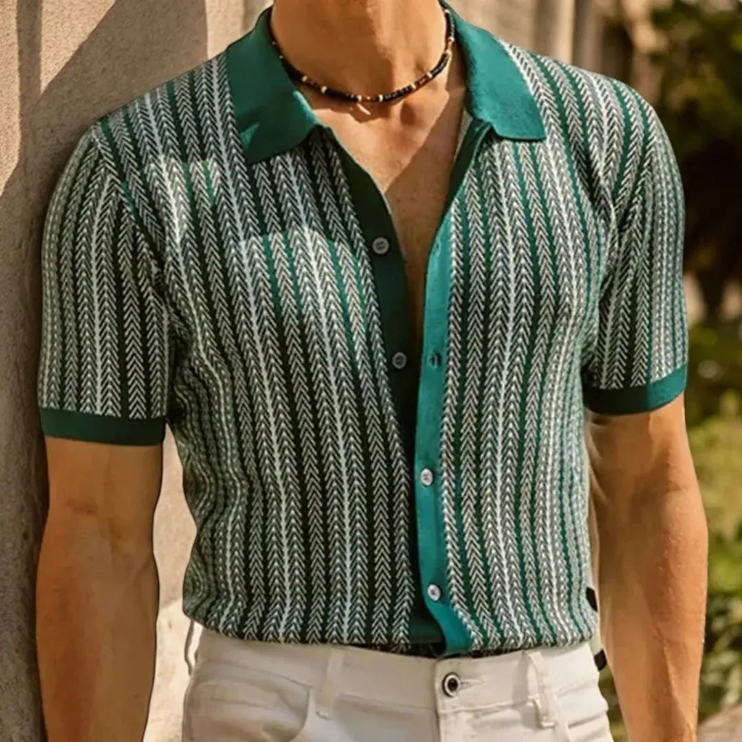 Polo Boutonné Carlo Mancini Coupe Slim Respirant En Coton Biologique À Motif Chevrons Pour Bureau Et Sorties Nocturnes