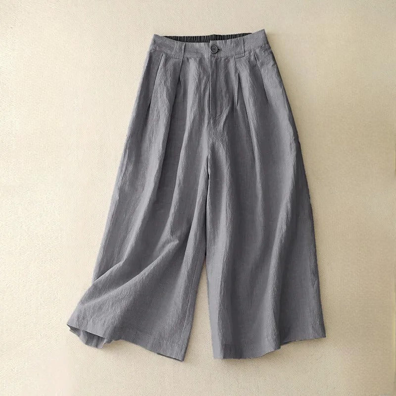 Pantalon Lin Caroline À Jambe Large Taille Haute Fermeture Bouton Dos Élastique Coupe Courte Fluide
