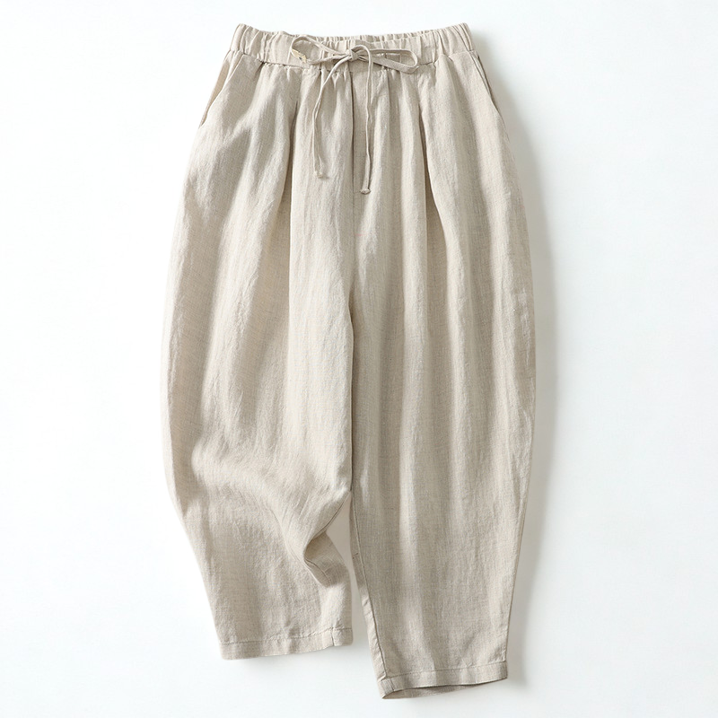 Pantalon En Lin Décontracté Casa Avec Ceinture À Cordon Coupe Ample Plis Subtils Longueur Cheville