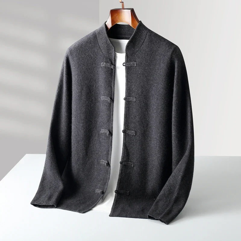 Cardigan Cachemire Col Mandarin Élégant Avec Fermeture Par Boutons À Boucle Devant