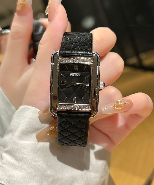 Montres décontractées en cuir noir et verre renforcé de zircon à mouvement à quartz - Amawinc