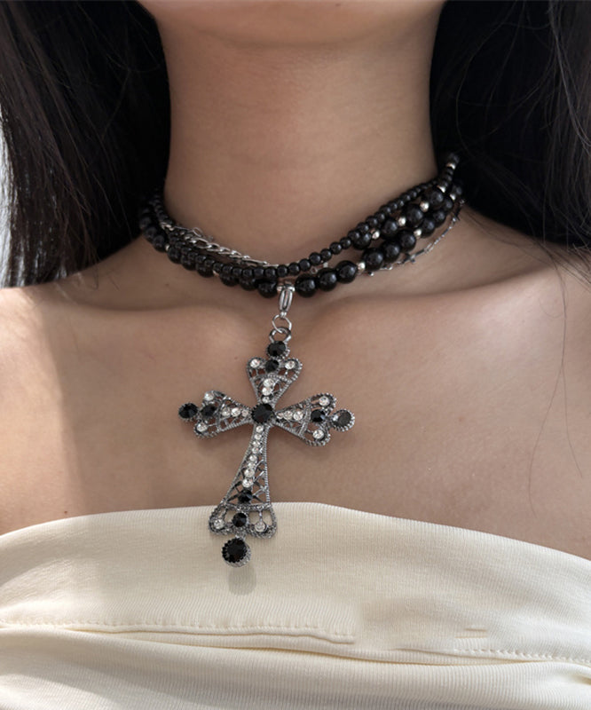 Collier décontracté en alliage de métal noir avec perles multicouches en zircon et croix graduée - Amawinc