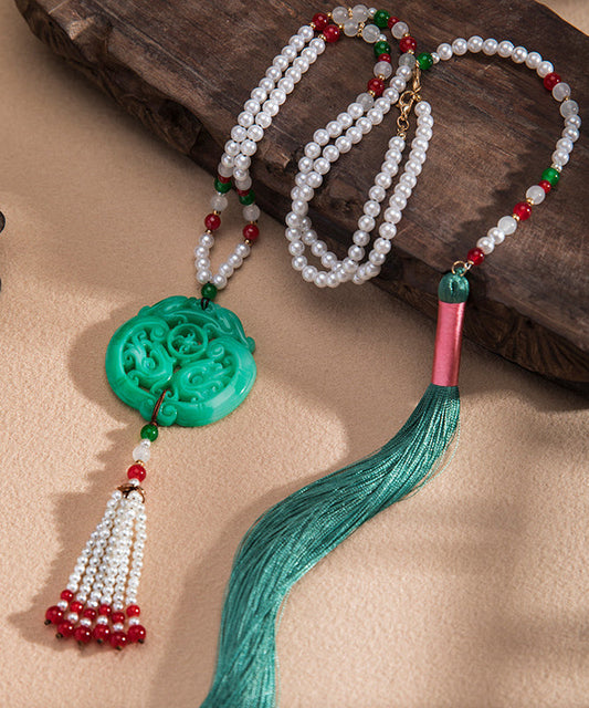Collier décontracté avec pendentif pompon en perles de jade et alliage vert - Amawinc