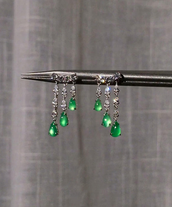 Boucles d'oreilles pendantes décontractées en argent sterling vert avec calcédoine et pampilles en forme de goutte d'eau - Amawinc