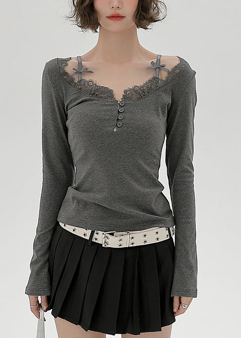 Chemises décontractées grises en coton à col rond et empiècements en dentelle pour le printemps - Amawinc
