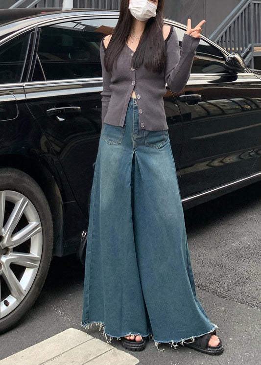 Jupes-pantalons larges décontractés en denim bleu marine à pompons pour l'automne - Amawinc