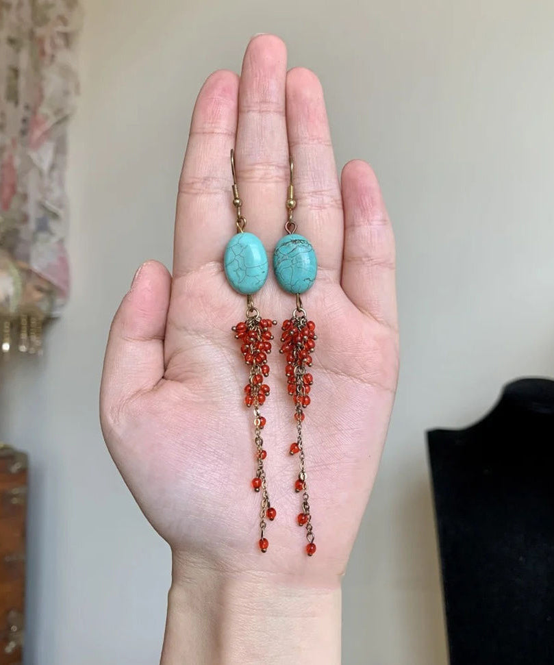 Boucles d'oreilles pendantes décontractées en argent sterling rouge surdoré, turquoise et grenade - Amawinc