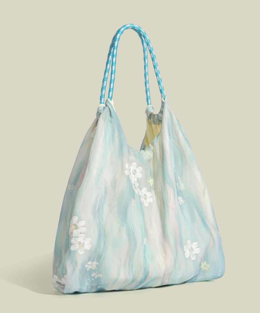 Sacs à bandoulière décontractés en nylon bleu ciel avec broderies marguerites - Amawinc
