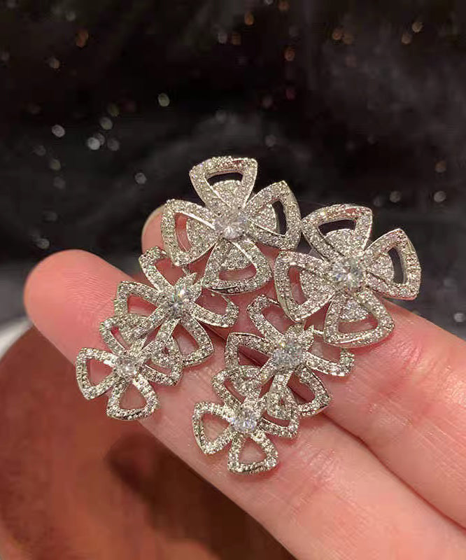 Boucles d'oreilles à tige décontractées en acier inoxydable blanc avec zircon et nœud creux - Amawinc
