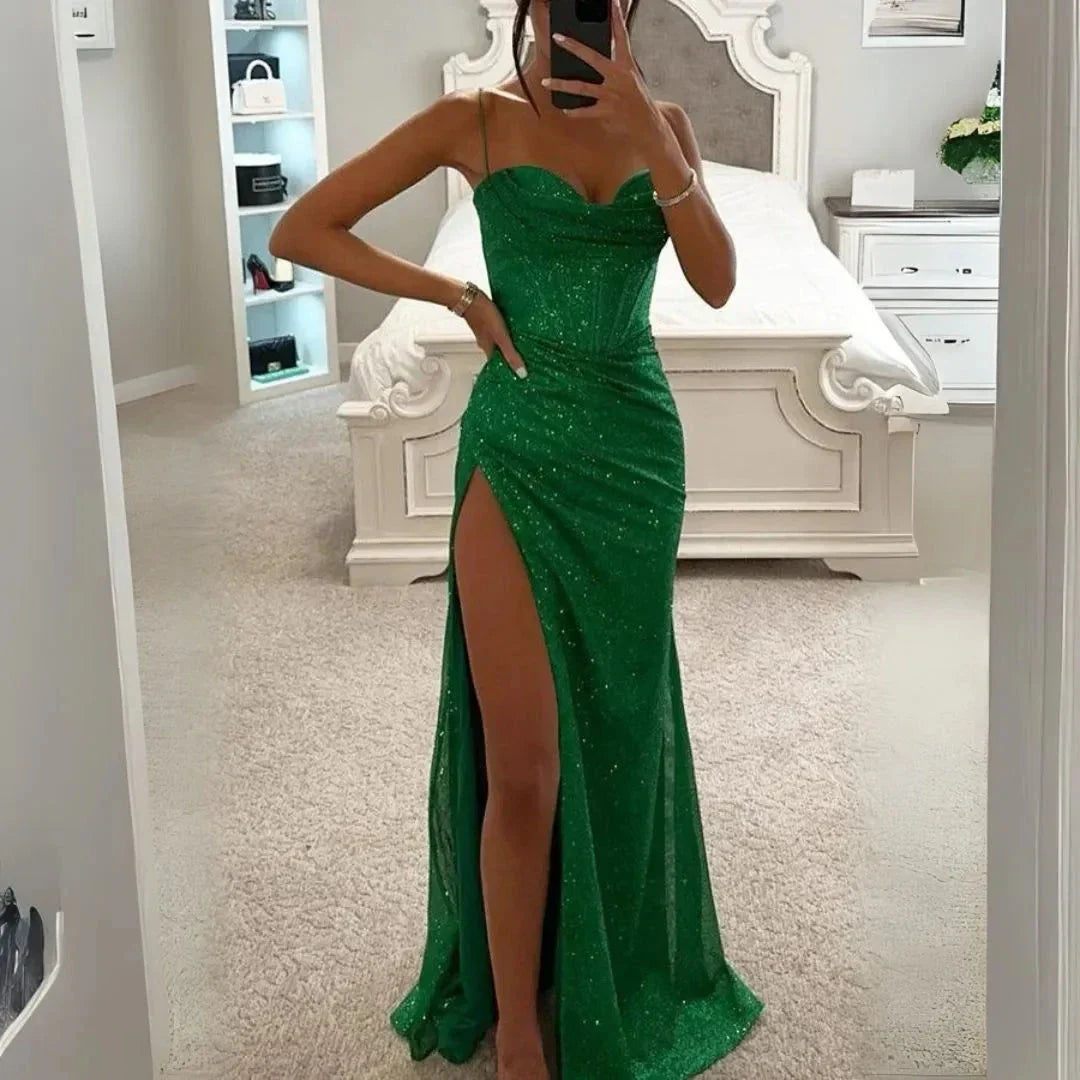 Robe Longue Maxi Corset À Sequins Celeste Satiné Bretelles Spaghetti Pour Soirées Gala Tapis Rouge Glamour
