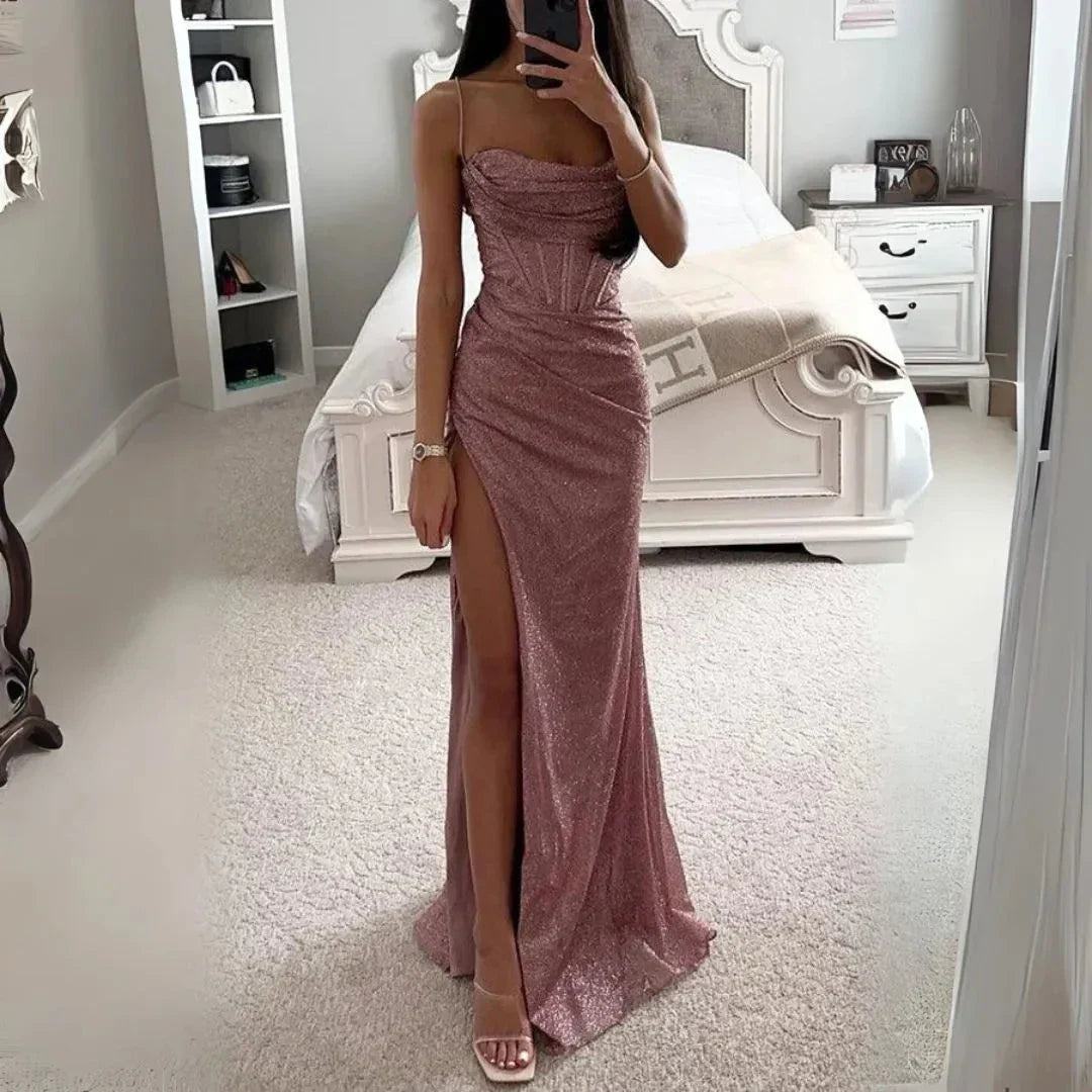 Robe Longue Maxi Corset À Sequins Celeste Satiné Bretelles Spaghetti Pour Soirées Gala Tapis Rouge Glamour