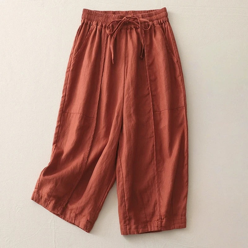 Pantalon Lin Coupe Courte À Taille Élastique Celina Décontracté Et Confortable Léger