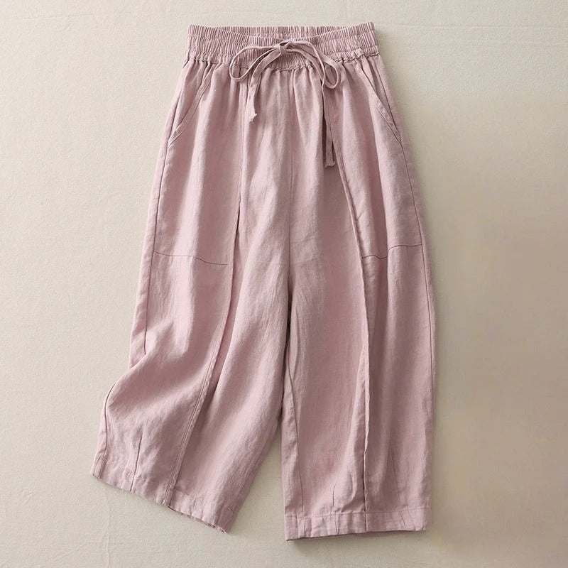 Pantalon Lin Coupe Courte À Taille Élastique Celina Décontracté Et Confortable Léger