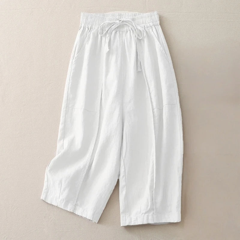 Pantalon Lin Coupe Courte À Taille Élastique Celina Décontracté Et Confortable Léger