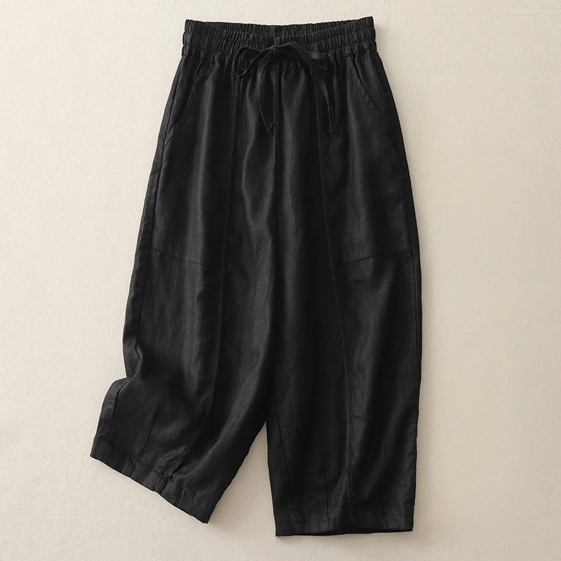 Pantalon Lin Coupe Courte À Taille Élastique Celina Décontracté Et Confortable Léger