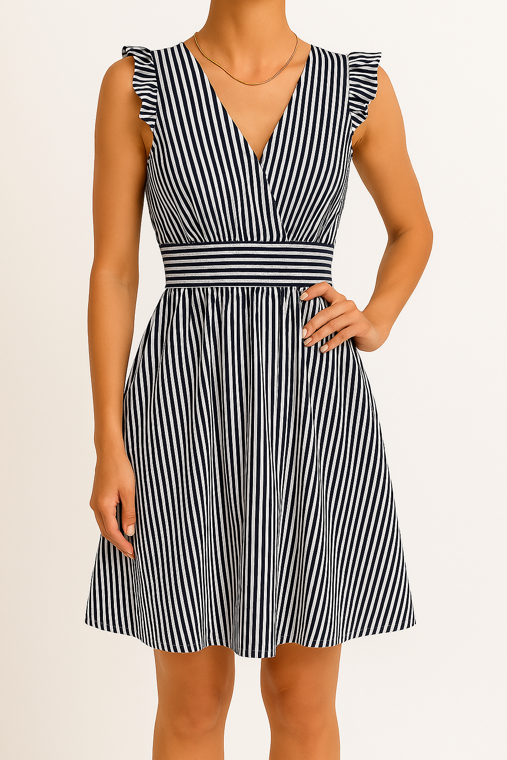 Amawinc Robe Midi Femme Coupe Aline Décolleté En V Rayures Manches Courtes Volants Légère Élégante