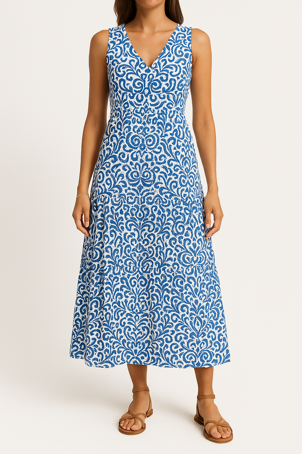 Robe Midi Sans Manches Col V Coupe Décontractée A Ligne Imprimé Abstrait Femme Amawinc