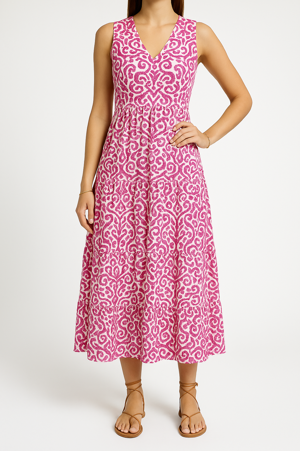 Robe Midi Sans Manches Col V Coupe Décontractée A Ligne Imprimé Abstrait Femme Amawinc