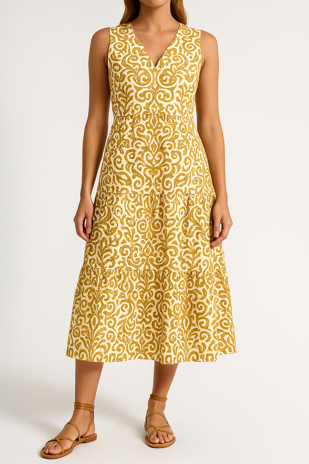 Robe Midi Sans Manches Col V Coupe Décontractée A Ligne Imprimé Abstrait Femme Amawinc