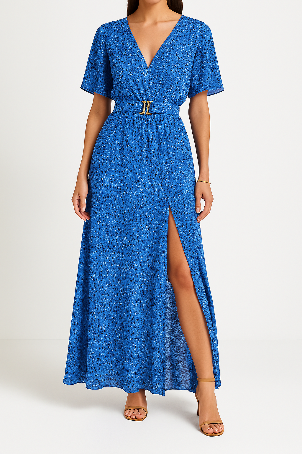 Robe Maxi Femme Wrap Décolleté En V Ceinture À La Taille Avec Fente Manches Courtes