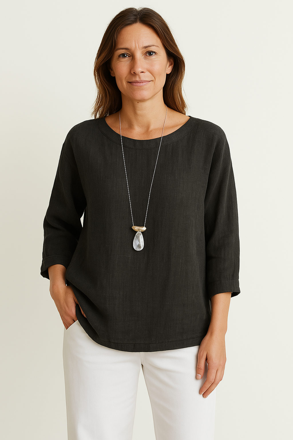 T Shirt Femme 100 Pour Cent Coton Coupe Décontractée Manches Trois Quarts Col Rond Style Décontracté