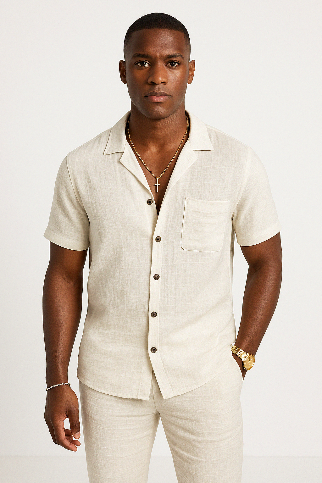 Chemise Homme En Coton Lin Manches Courtes Coupe Décontractée Bouton Devant Pour L'Été