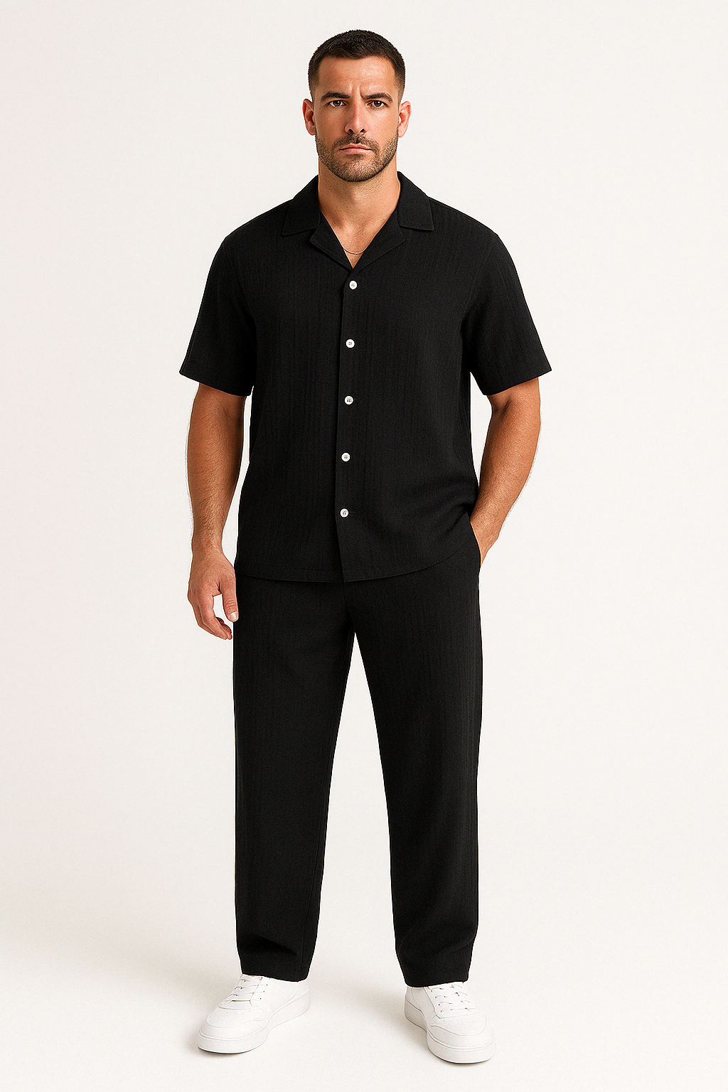 Ensemble Homme Chemise À Manches Courtes Et Pantalon En Mélange Coton Lin Décontracté Été